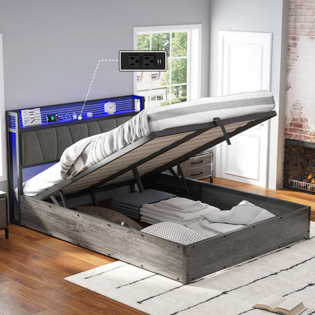 AMERLIFE Full Size Lift Up Bed Frame with Linen Upholstered & LED Light & Storage Headboard, Platform Bed Frame with Charging Station, No Box Spring Needed, Noisy Free, Rustic Grey AMERLIFE