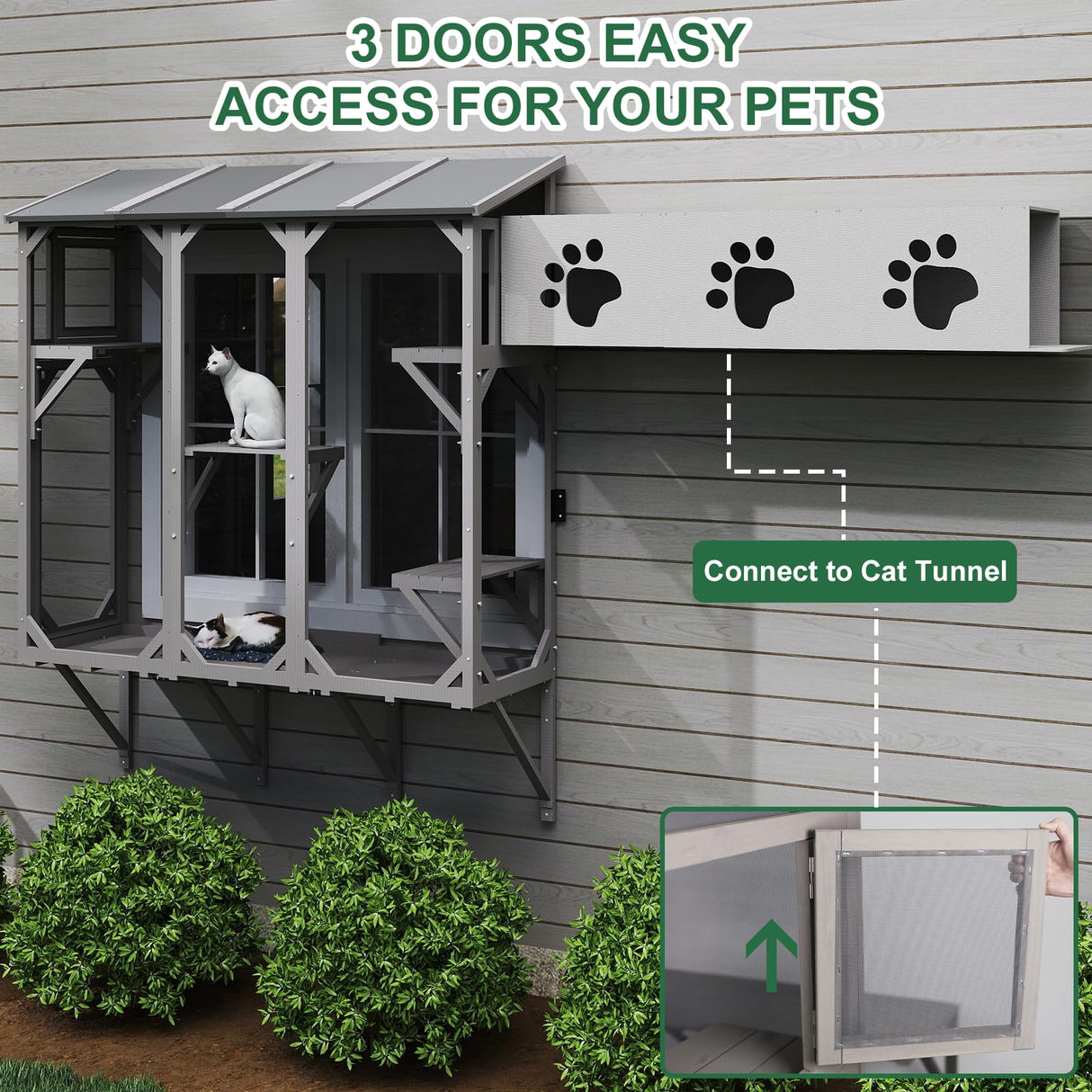ketive Cat Catio, Expandable Window Box Enclosure for Multiple Indoor Cats, Comfortable Wooden Small Pet Perch House, All-Weather Use, Keep Bugs Insects Out, with 4 Platforms and 3 Doors ketive