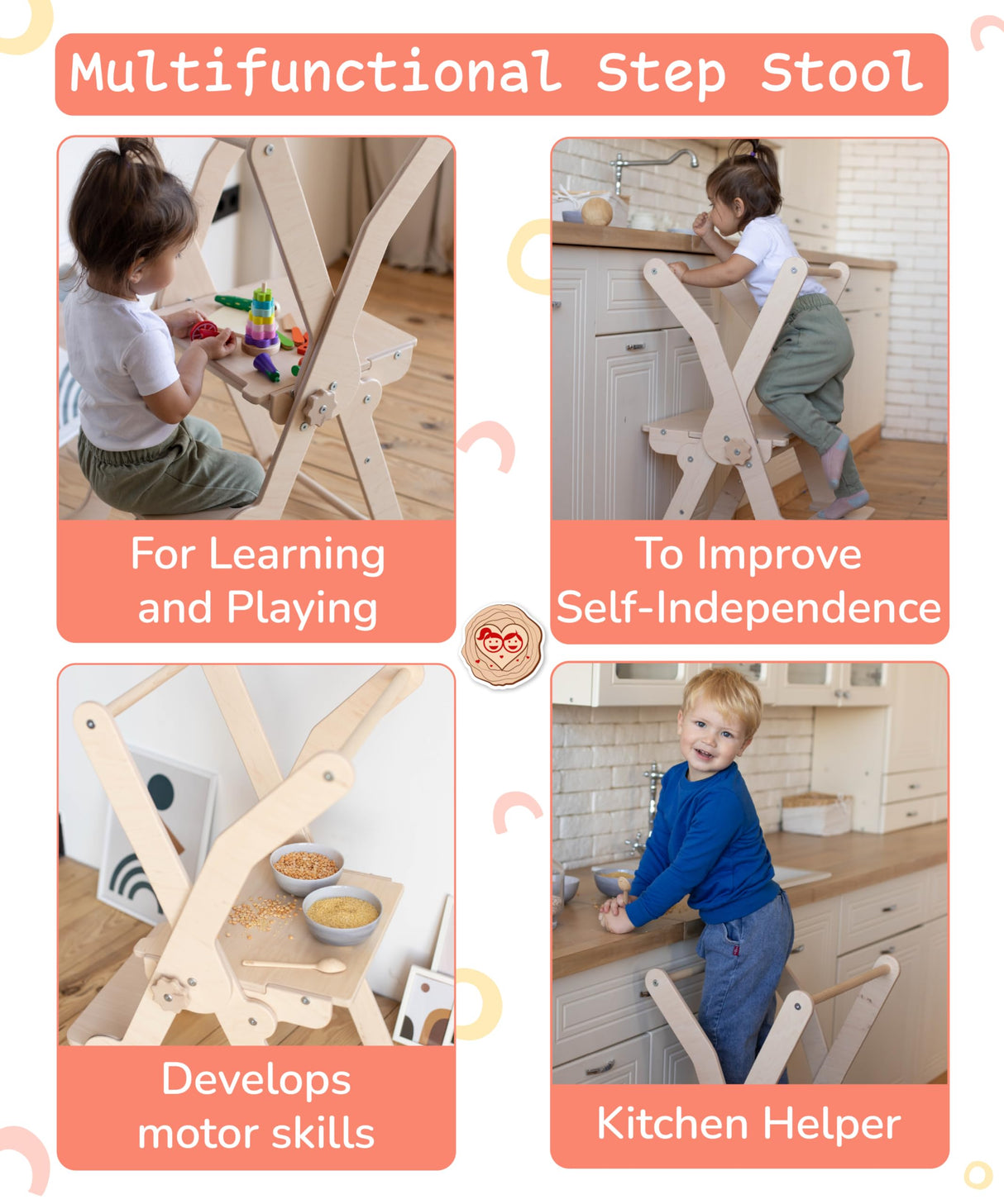 Woodandhearts toddler tower, Made in EU, toddler tower, toddler stool, foldable toddler tower, toddler standing tower, toddler stool for kitchen, toddler tower foldable (Ladder) Wood And Hearts