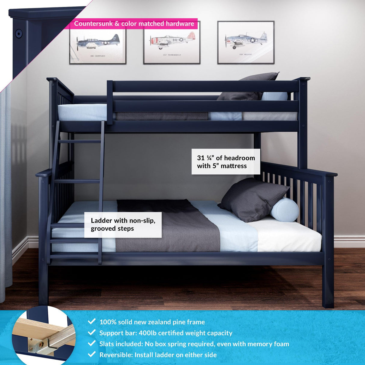 Max & Lily Bunk Bed Twin Over Full Size with Ladder, Solid Wood Platform Bed Frame with Ladder for Kids, 14" Safety Guardrails, Easy Assembly, No Box Spring Needed, Blue Max & Lily