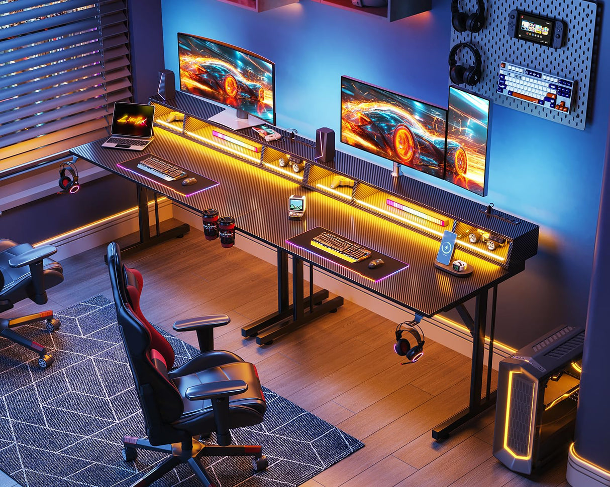 MOTPK 40 inch Gaming Desk with LED Lights & Power Outlets, Small Computer Gaming Table with Float Monitor Stand, Kids Boys Desk with Carbon Fiber Texture MOTPK