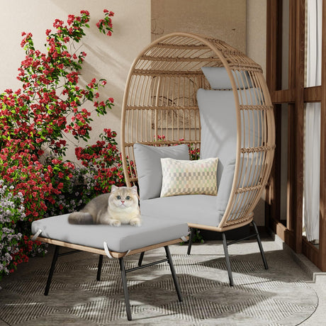 Oversize Wicker Egg Chair with 4 Comfy Cushions, Big Egg Shaped Lounger with Ottoman, Rattan Reading Chairs for Indoor Outdoor Patio Porch Backyard, Grey GAOMON
