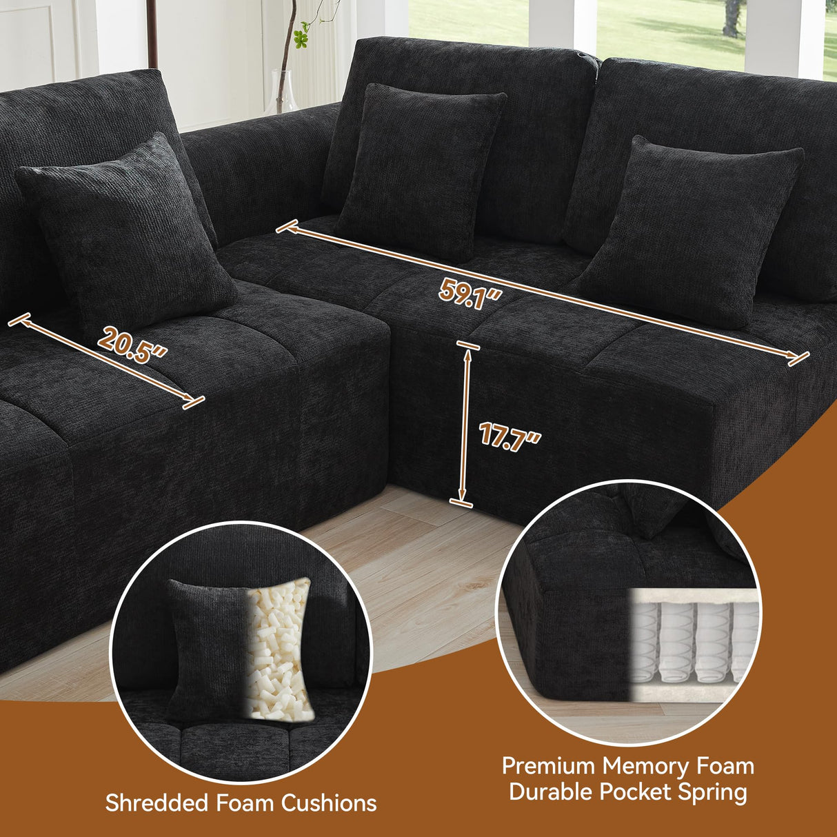 140''Modular Sectional Couches for Living Room, Cloud Boneless Compressed Sectional Sofa, Oversized L Shaped 5 Seater Upholstered Memory Foam Sofa, No Assembly, Chenille Black WUTUTUEE