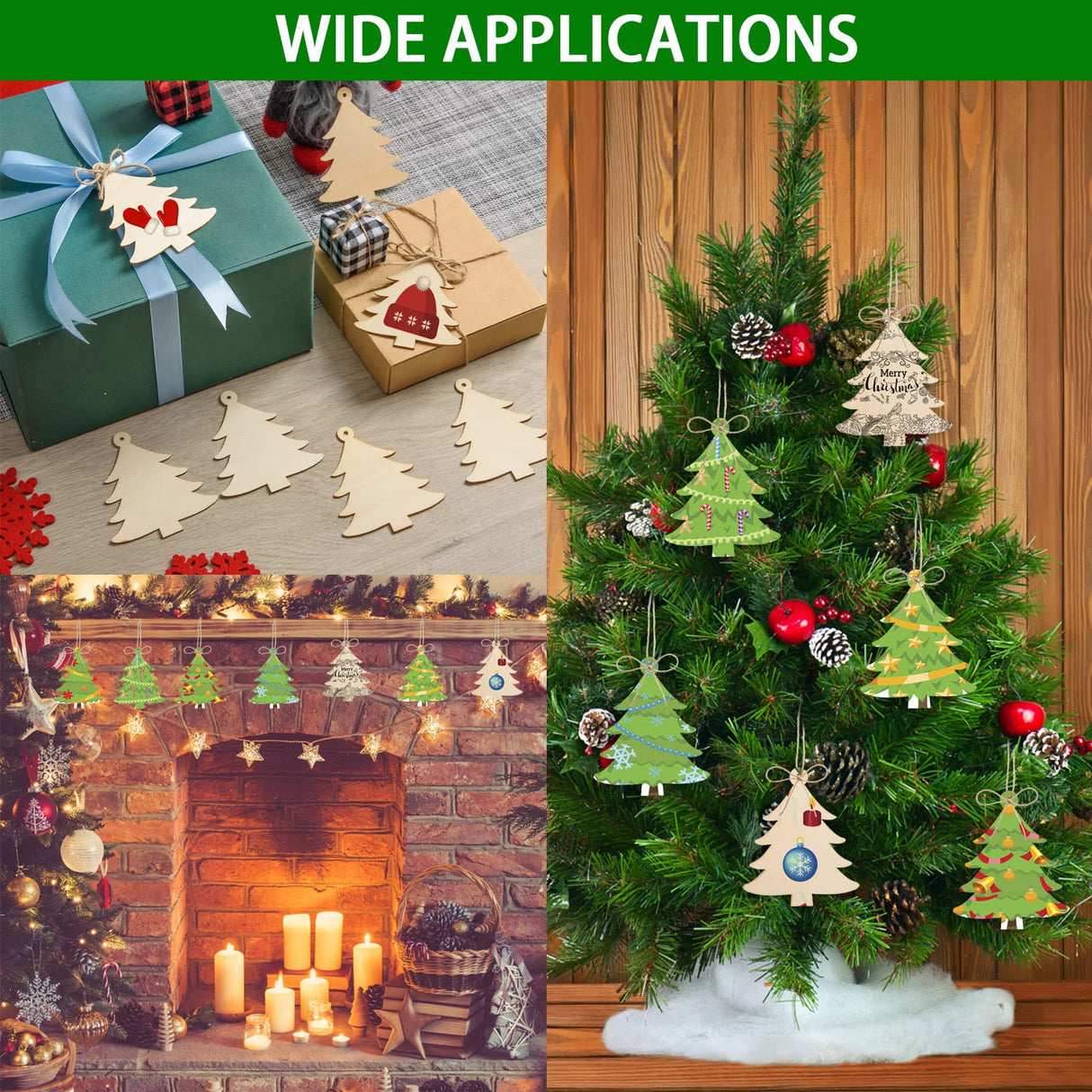 72 Pieces Wooden Christmas Tree Cutouts Crafts Embellishments Unfinished Christmas Tree Hanging Ornaments Blank Christmas Tree Wood Cutouts Slice with Ropes for DIY Crafts Christmas Xmas Decoration AWIZOM