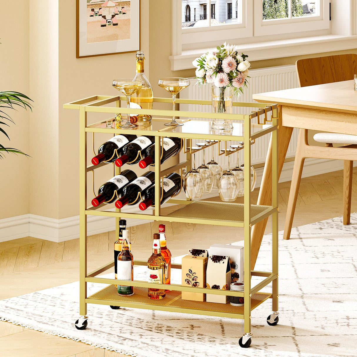 MAHANCRIS Bar Cart for Home, 3-Tier Serving Cart with Wheels and Handle, Beverage Cart with Wine Rack and Glass Holders, Rolling Wine Cart for Kitchen, Dining Room, Gold RCJ61B01 MAHANCRIS