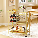 MAHANCRIS Bar Cart for Home, 3-Tier Serving Cart with Wheels and Handle, Beverage Cart with Wine Rack and Glass Holders, Rolling Wine Cart for Kitchen, Dining Room, Gold RCJ61B01 MAHANCRIS