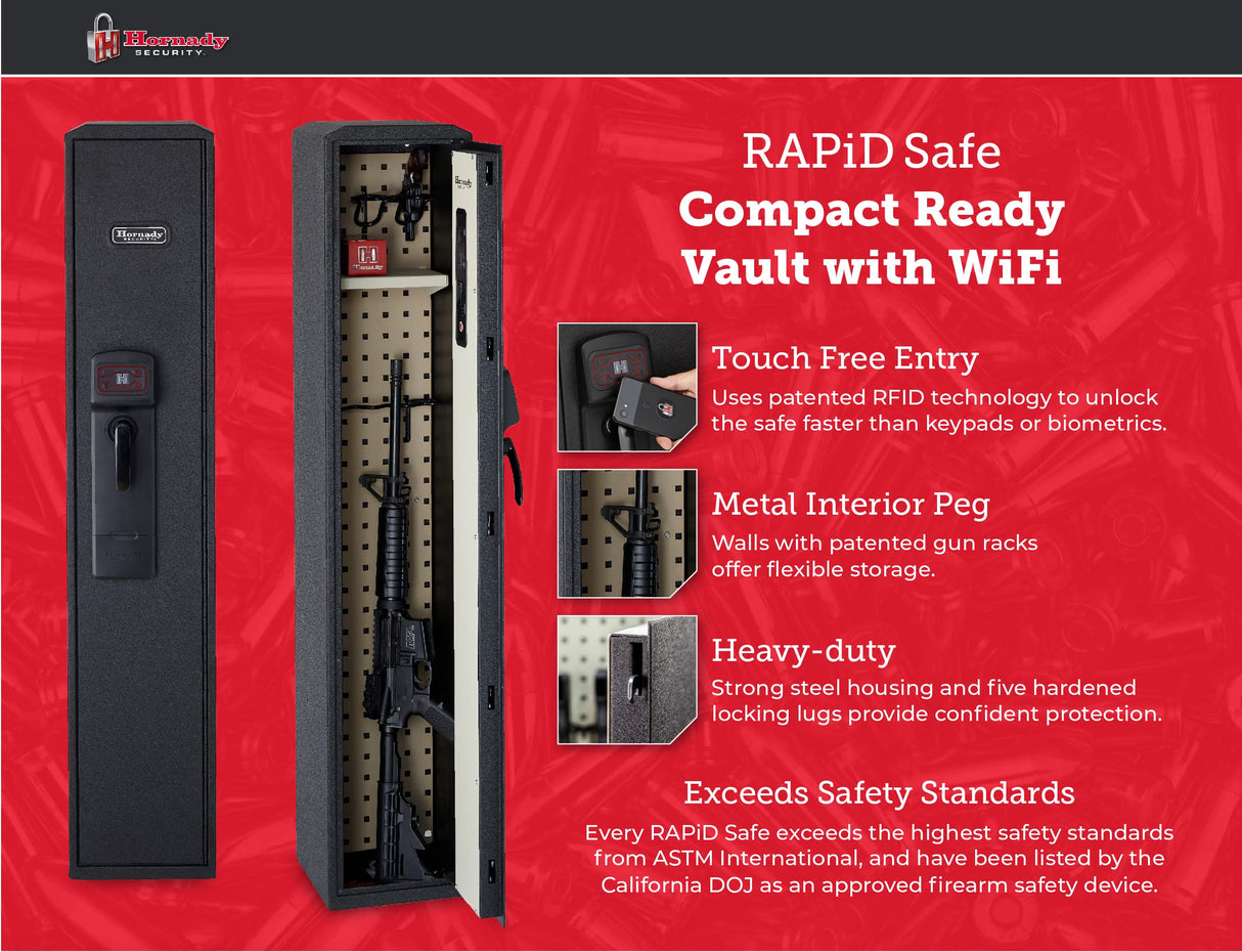 Hornady Rapid Safe Compact Ready Vault with WiFi - Safely Keep Tabs on Your Safe with Your Smartphone - RFID Technology for Touch Free Access & Heavy-Duty Steel Housing to Protect Valuables, 98196WIFI Hornady