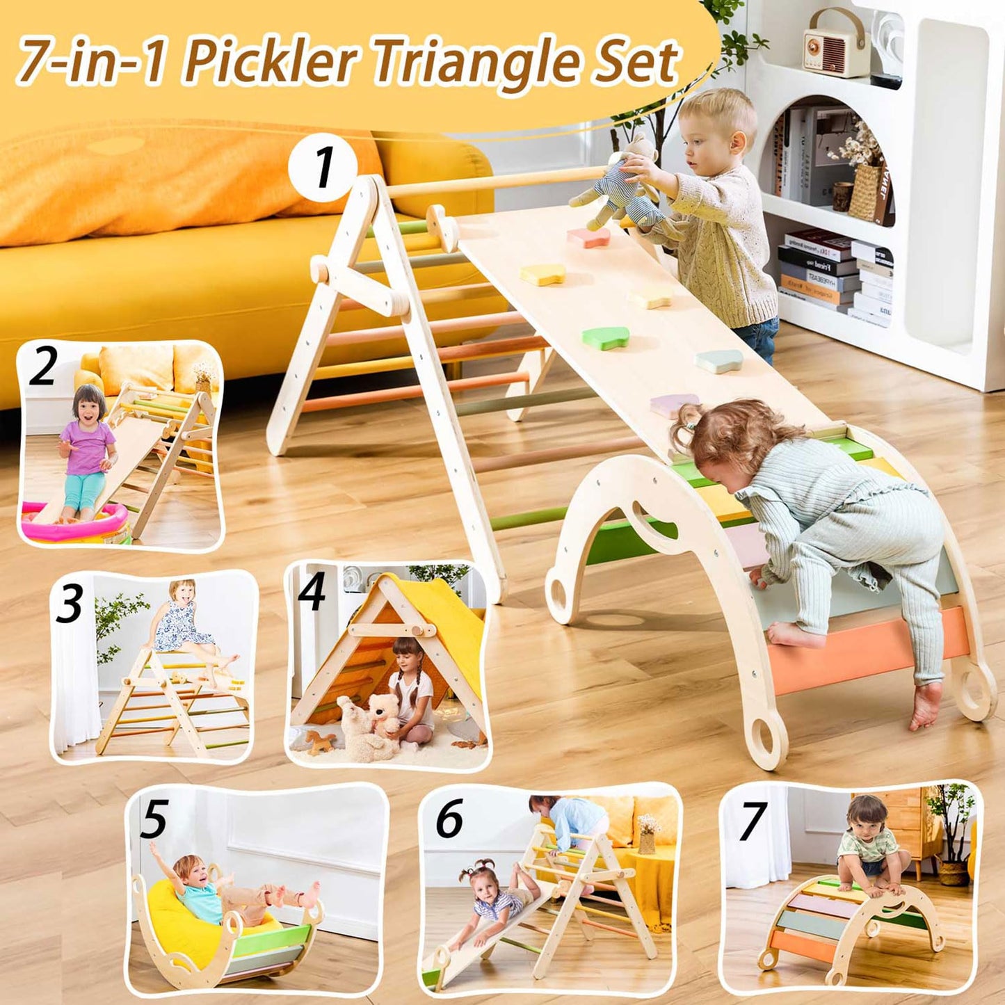 deli Pikler Triangle Set 7 in 1, Wooden Montessori Climbing Set with Arch & Ramp & Ladder, Foldable Baby Climber Indoor Playground Jungle Gyms for Toddlers