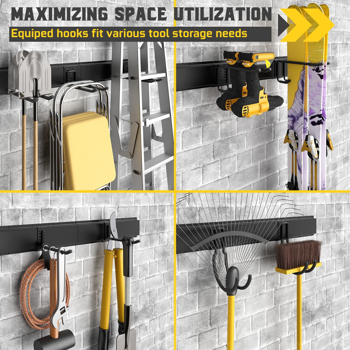 YZSFMZGE 64" Garage Tool Organizer Wall Mount, 720lbs Garden Tool Organizer with 10 Adjustable Hooks, Heavy Duty Garage Tool Storage Rack for Yard, Shed (4 Racks, 10 Hooks, 3 Straps) YZSFMZGE