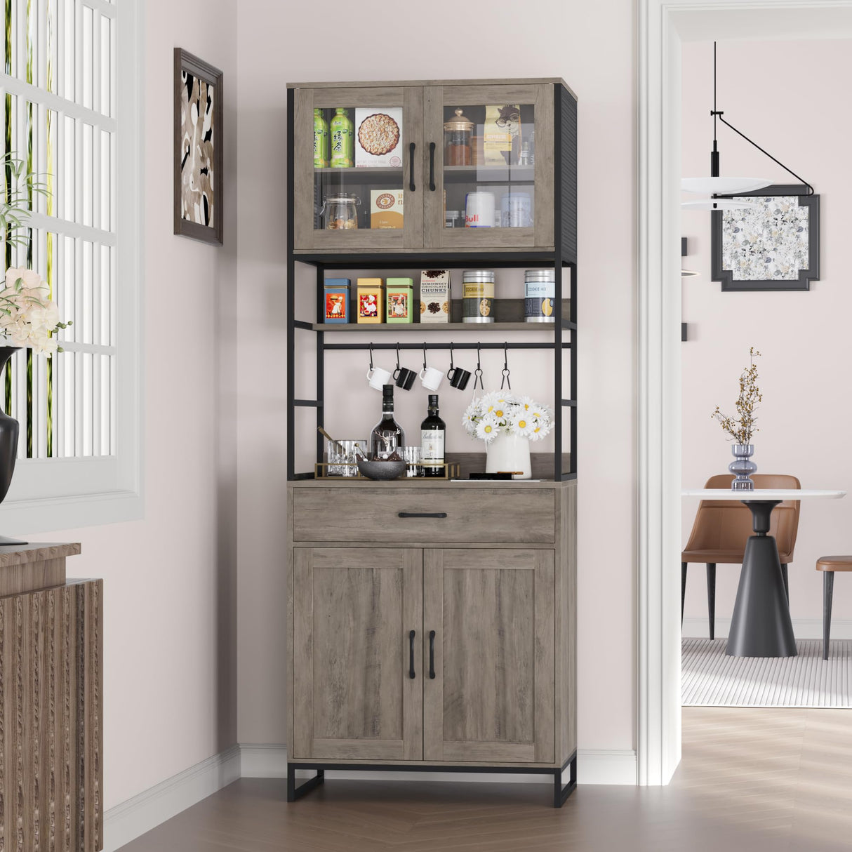 BOTLOG Hutch Cabinet with Storage, 71" H Kitchen Pantry Storage Cabinet with Microwave Stand, Hooks, Drawers for Home Bar, Kitchen, Dining Room, Industrial BOTLOG