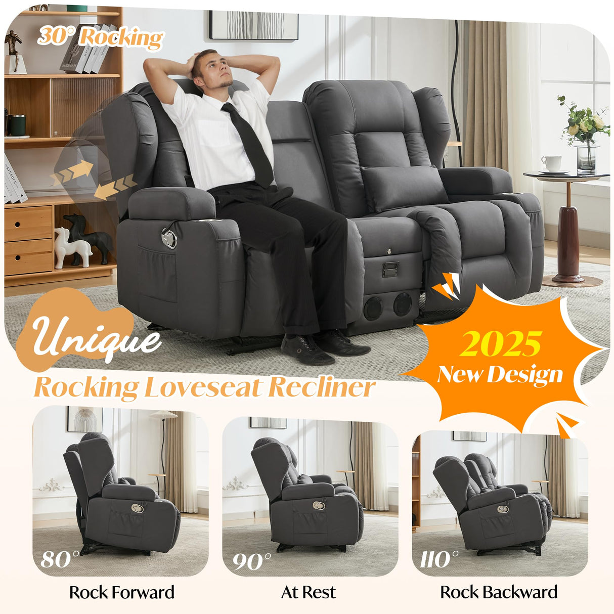 DRMBOOK Loveseat Rocker Recliner Sofa, Leathaire Fabric Dual Reclining Couch with Console, Manual Reclinable Double Seat 2 Person Recliner, RV Movie Seating for Travel Trailers Living Room (Drak Grey) DRMBOOK