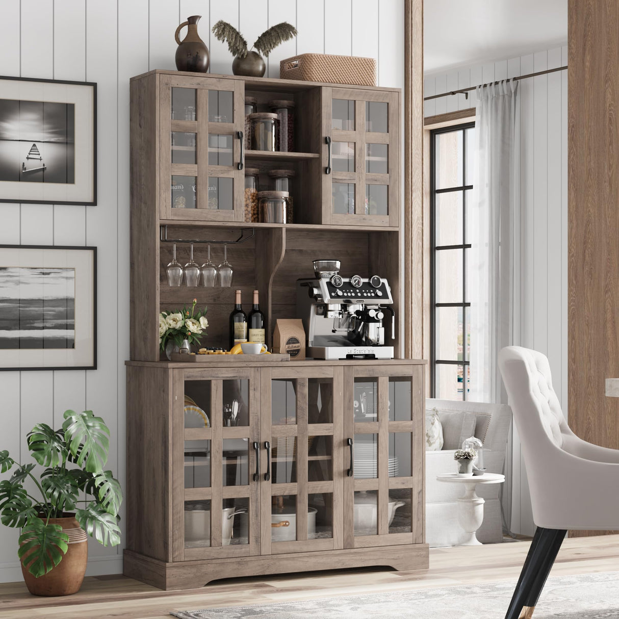 Keyluv Kitchen Pantry Storage Cabinet 71" Tall Freestanding Pantry Cabinet, Farmhouse Glass Door Buffet with Oven Countertop, Large Wood Hutch for Kitchen, Living Room and Dining Room, Rustic Keyluv