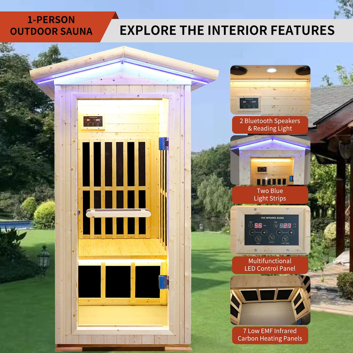 Outdoor Sauna 1 Person for Home Backyard Sauna Outdoor Infrared Sauna 1 Person Dry Sauna for Home Far Infrared Sauna Outdoor Spruce Wood Sauna 1300W Low EMF Single Person Infrared Sauna Room in Home RIGO
