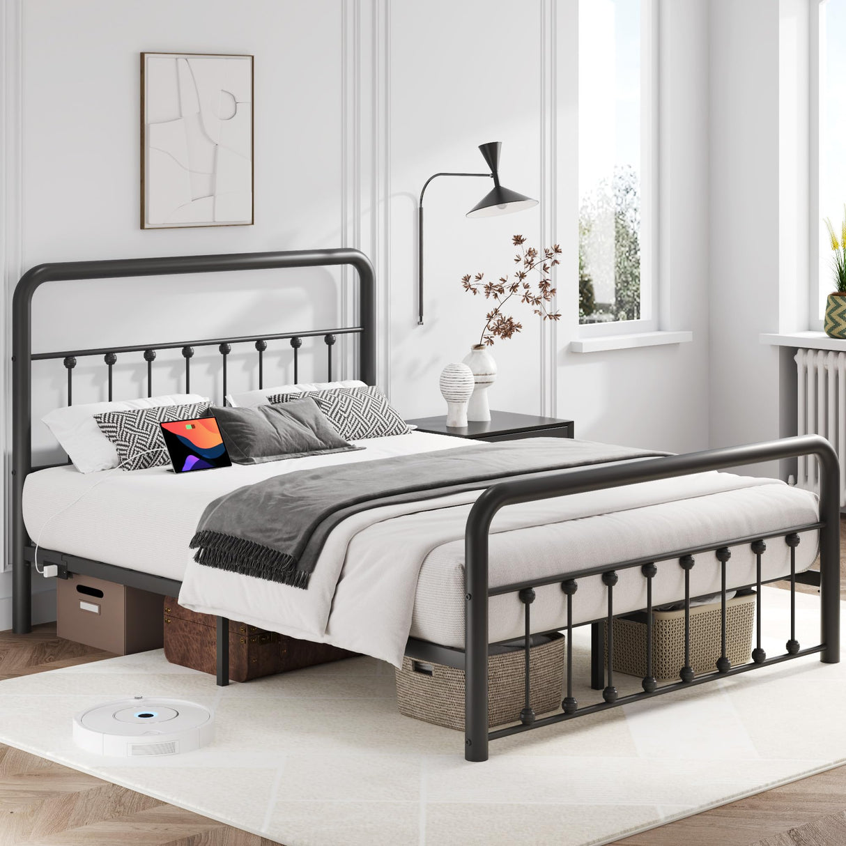 Fluest Queen Bed Frame Classic Metal Platform Bed Frame with Charging Station & LED, Victorian Style Iron-Art Headboard/Footboard, Under Bed Storage, No Box Spring Needed, Noise Free, Black Fluest