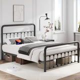 Fluest Queen Bed Frame Classic Metal Platform Bed Frame with Charging Station & LED, Victorian Style Iron-Art Headboard/Footboard, Under Bed Storage, No Box Spring Needed, Noise Free, Black Fluest