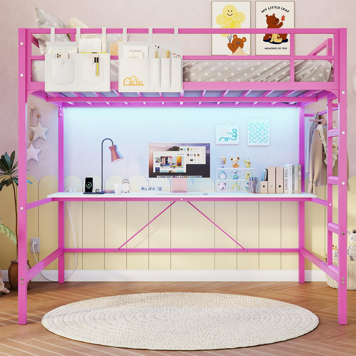 DICTAC Loft Bed Full Size with Desk and Led Lights Metal Full Loft Bed with Power Outlet Full Size Bed Frame with Top Bunk and Safety Guard & Ladder, Space-Saving,No Noise,No Box Spring Needed, Pink DICTAC