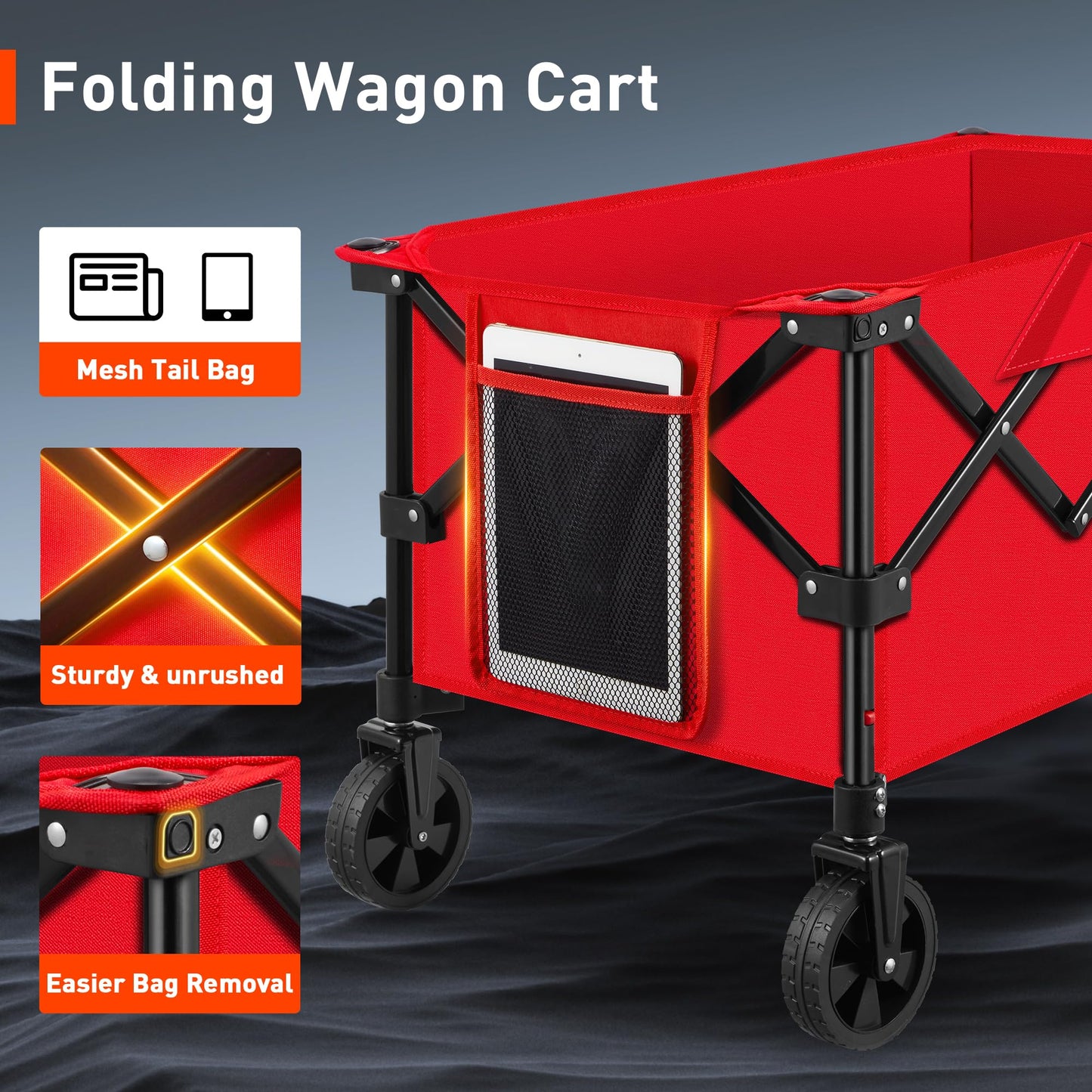 Wagons Carts Foldable, Lighweight Collapsible Wagon with Large Capacity, Portable Utility Folding Cart with Wheels for Grocery,Gardening,Camping,Shopping, Red