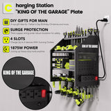 YFFSRJDJ Power Tool Organizer Wall Mount with Charging Station – King of the Garage, 4 Drill Holders, Heavy Duty Cordless Tool Rack with 4-Outlet Power Strip, Gifts for Him, Birthday Gifts for Men YFFSRJDJ