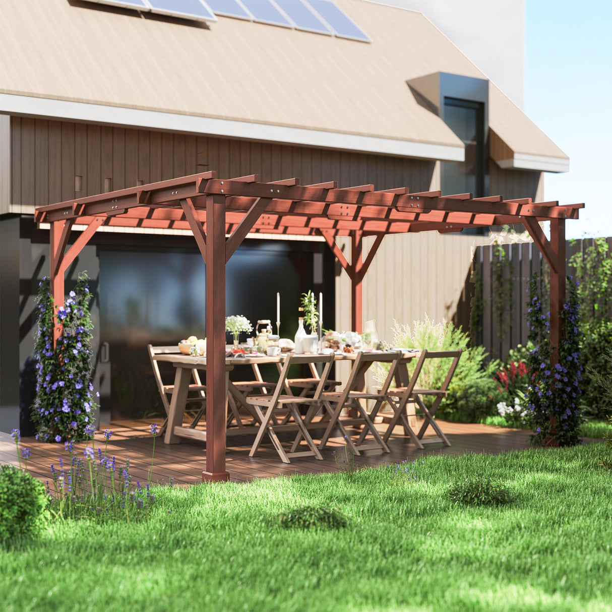 Outsunny 11' x 12.5' Outdoor Wood Pergola with Grape Trellis with Stable Structure for Climbing Plant Support for Patio, Deck, Backyard, Lawn, Brown Outsunny