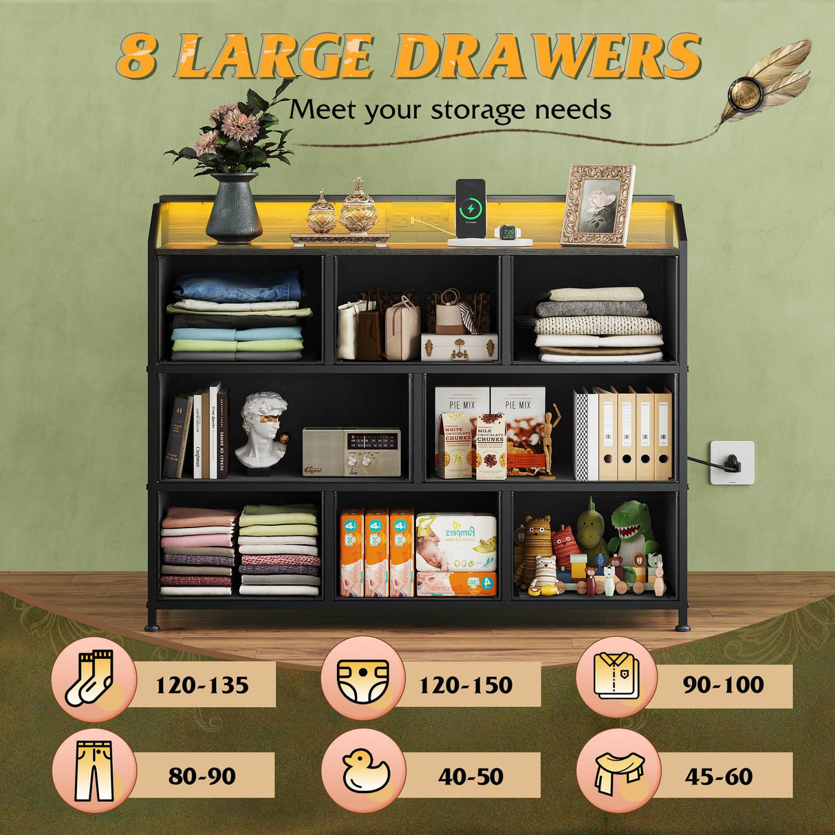 WLIVE Led Dresser for Bedroom, TV Stand for Bedroom with LED Lights and Power Outlet, Wide Chest of Drawers for Hallway, 8 Fabric Drawers for Living Room and Entryway, Charcoal Black Wood Grain Print WLIVE