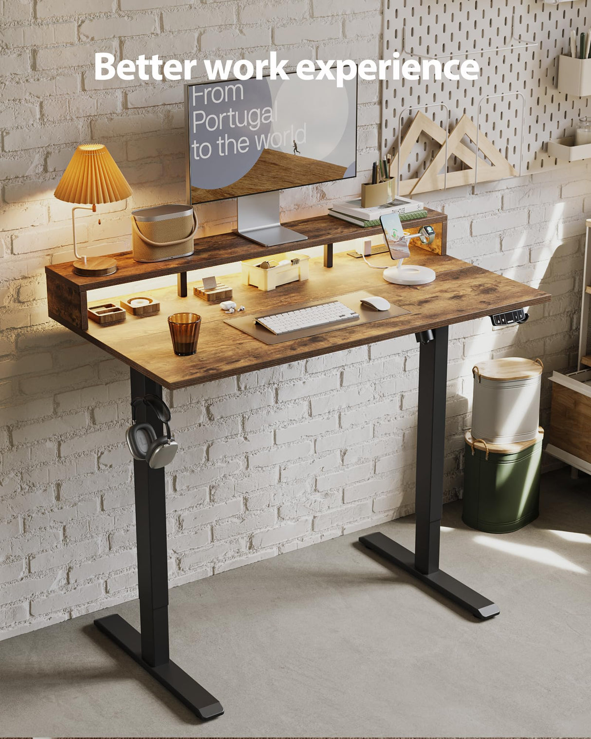 Electric Height Adjustable Standing Desk with Power Outlet and LED Light Strip, Sit to Stand, Ergonomic 48x24" Rising Desk with Memory Presets, Home Office Workstation, Computer Gaming Table, Brown Agilestic