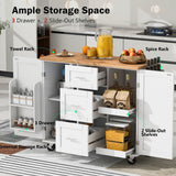 Rolling Kitchen Island with Storage, Kitchen Island on Wheels with Spice Rack & Tower Rack, Kitchen Cart with Rubber Wood Top, 3 Drawer, 2 Slide-Out Shelf and Internal Storage Rack, (White-50) LAWGLLAABT