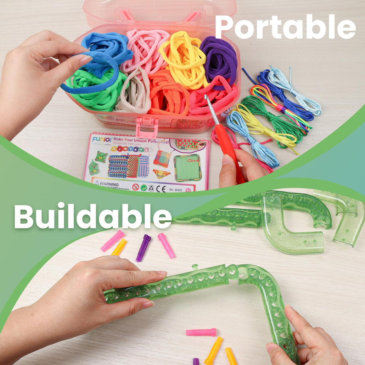 FUNiOi Weaving Loom Kit Toys for Kids, DIY Crafts Projects of 6 Potholders and 10 Friendship Bracelets, 2-in-1 Square Buildable Loom Knitting Kits, Gift Ideas for Girls 6-12 Years Old FUNiOi