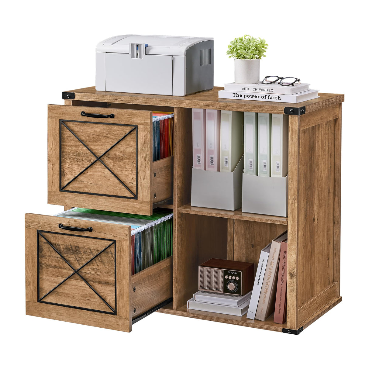 VASAGLE Lateral File Cabinet, Filing Cabinet with 2 Drawers, Printer Stand, 2 Open Compartments, Fit A4, Letter Size, Hanging File Folders, for Home Office, Farmhouse Style, Honey Brown UOFC049T41 VASAGLE