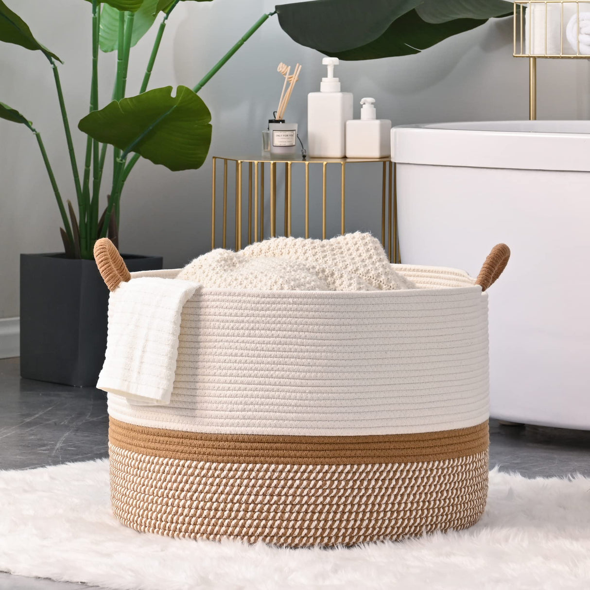 KAKAMAY Large Blanket Basket (20"x13"),Woven Baskets for storage Baby Laundry Hamper, Cotton Rope Blanket Basket for Living Room, Laundry, Nursery, Pillows, Baby Toy chest (White/Brown) KAKAMAY
