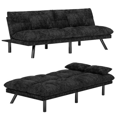 Futon Sofa Bed Convertible Solid Wood Couch Comfortable Chenille Fabric with 2 Cushions for Living Room (Black)