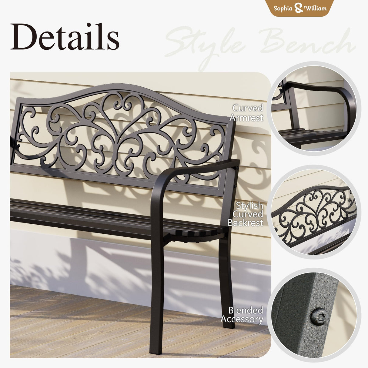 Sophia & William Outdoor Bench, Metal Garden Bench, Cast Iron Park Benches for Outside with Floral Design Backrest, Black Sophia & William