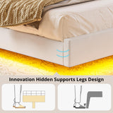 LIKIMIO Cream Floating King Bed Frame with Cat Ear Headboard & LED Lights LIKIMIO