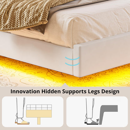 LIKIMIO Cream Floating King Bed Frame with Cat Ear Headboard & LED Lights - WoodArtSupply