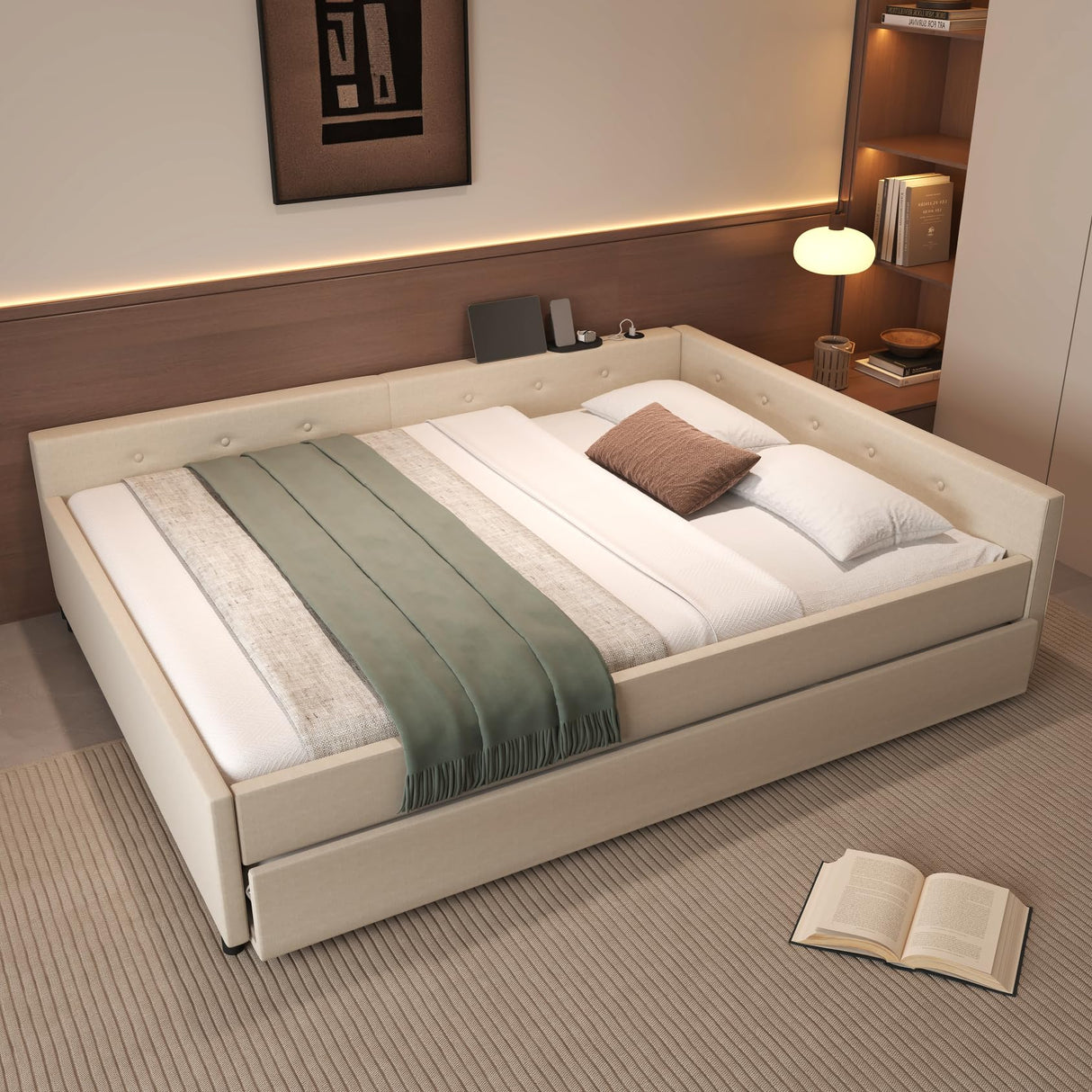 KALALLA Upholstered Queen Size Daybed with Trundle and USB, L-Shaped Corner Unit Day Bed Frame, No Box Spring Needed for Kids, Girls, Adults - Beige KALALLA