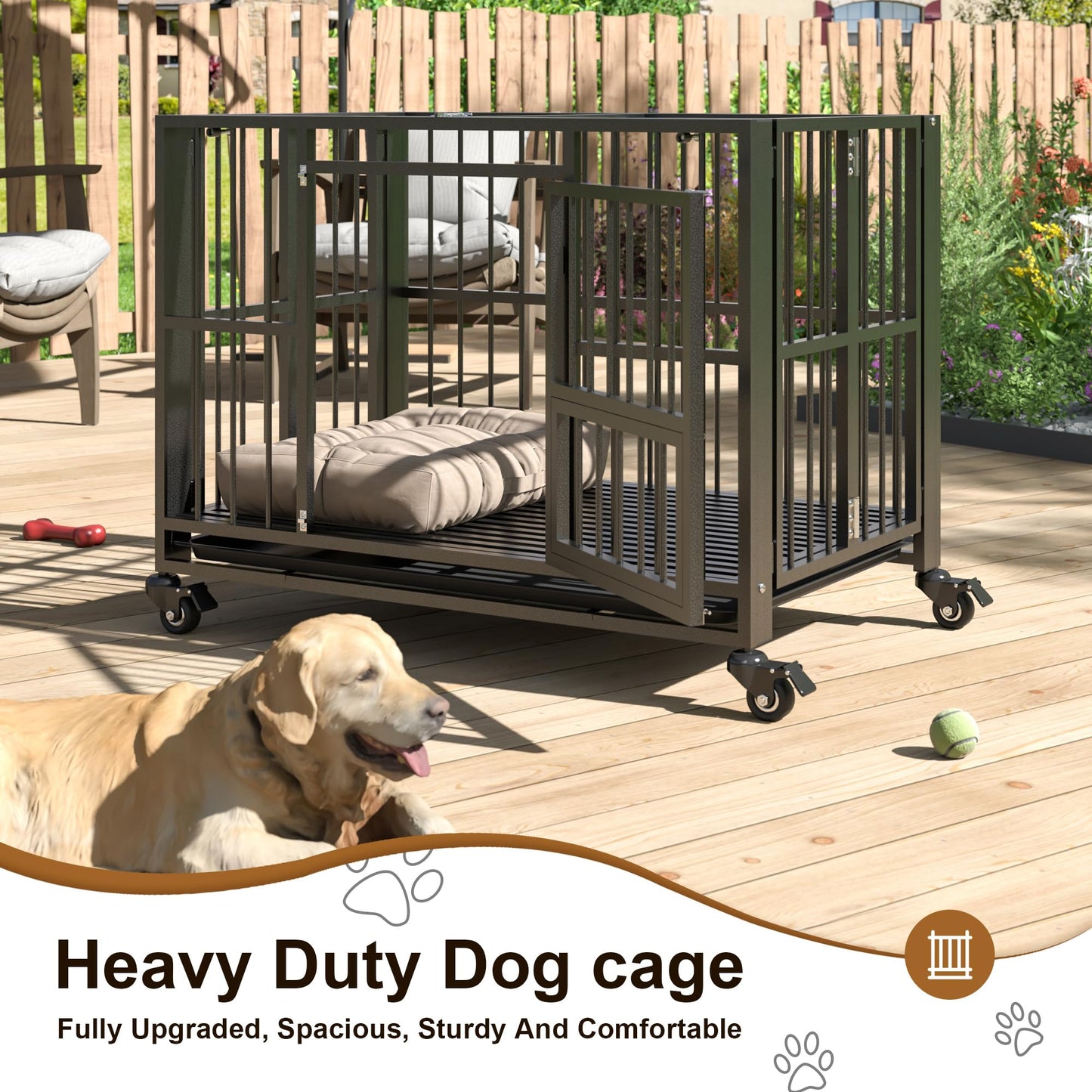 Polar Aurora Heavy Duty Dog Crate, Foldable Indestructible Dog Kennel, Escape Proof Extra Large Dog Cage with Lockable Wheels, High Anxiety Pet Playpen with Double Door for Indoor/Outdoor Use. (43in)