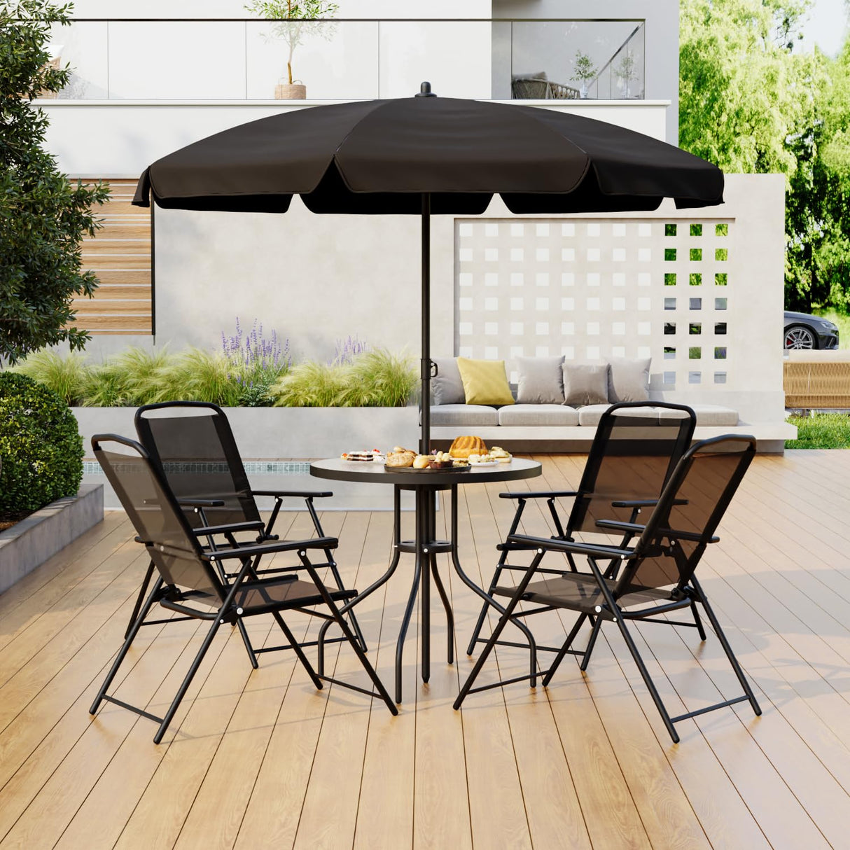 Tornivk 6 Pieces Patio Dining Set for 4, Small Outdoor Patio Table and Chairs Set, Patio Furniture Set with Umbrella & 4 Folding Chairs Portable Garden Dining Table Set for Garden, Backyard, Lawn Tornivk