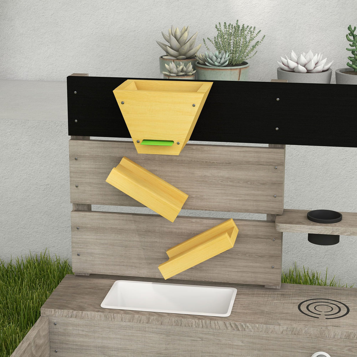 Outsunny Wooden Sandbox, Kids Sand Pit with Liner, Kitchen Design, Sink, Outdoor Children Play Equipment for 3-7 Years Old, 61" x 31.5" x 24", Gray Outsunny