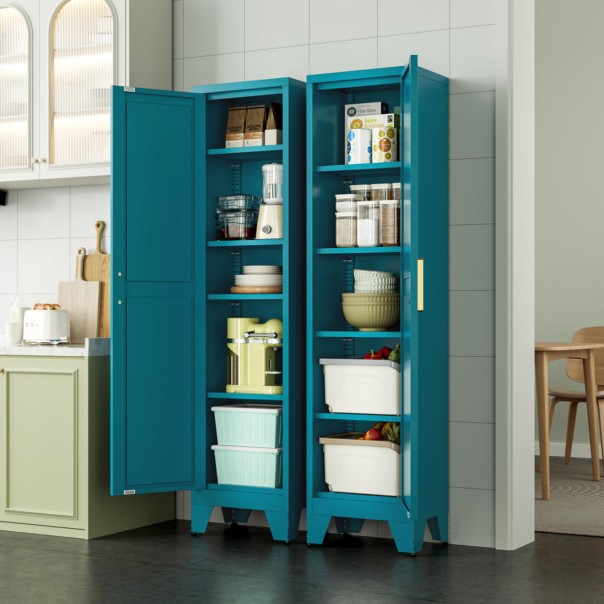 Washsemba 67''Farmhouse Metal Storage Cabinet with Barn Doors,Steel File Cabinet for Home Office,Kitchen Pantry 4 Adjustable Shelves,Freestanding Cupboard for Kitchen,HomeOffice (Peacock Blue) Washsemba