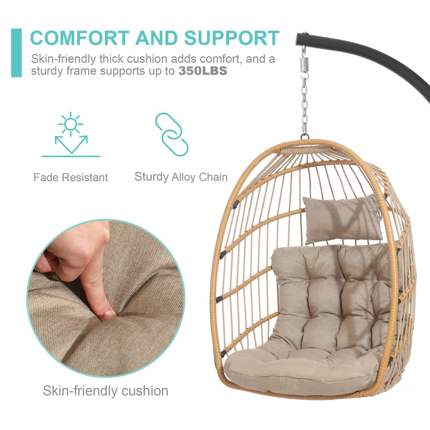 SWITTE Egg Chair Outdoor Indoor with Stand, Hanging Egg Swing Chair with Stand, Wicker Egg Chair with Cushion 350lbs Capacity for Patio(Cream) - WoodArtSupply