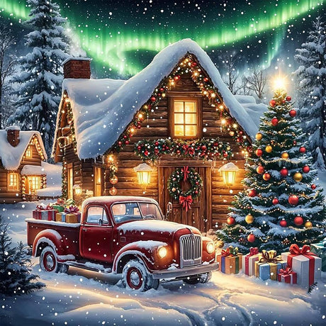 Christmas Diamond Art Kits for Adults, 5D Red Truck Diamond Painting for Beginners, DIY Winter Landscape Full Round Drill Paint by Diamonds Dot Gem Art for Adults, Home Wall Decor 13.7x13.7 Inch Mosaflare