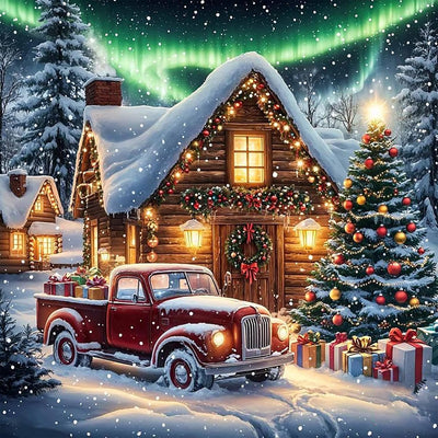 Christmas Diamond Art Kits for Adults, 5D Red Truck Diamond Painting for Beginners, DIY Winter Landscape Full Round Drill Paint by Diamonds Dot Gem Art for Adults, Home Wall Decor 13.7x13.7 Inch