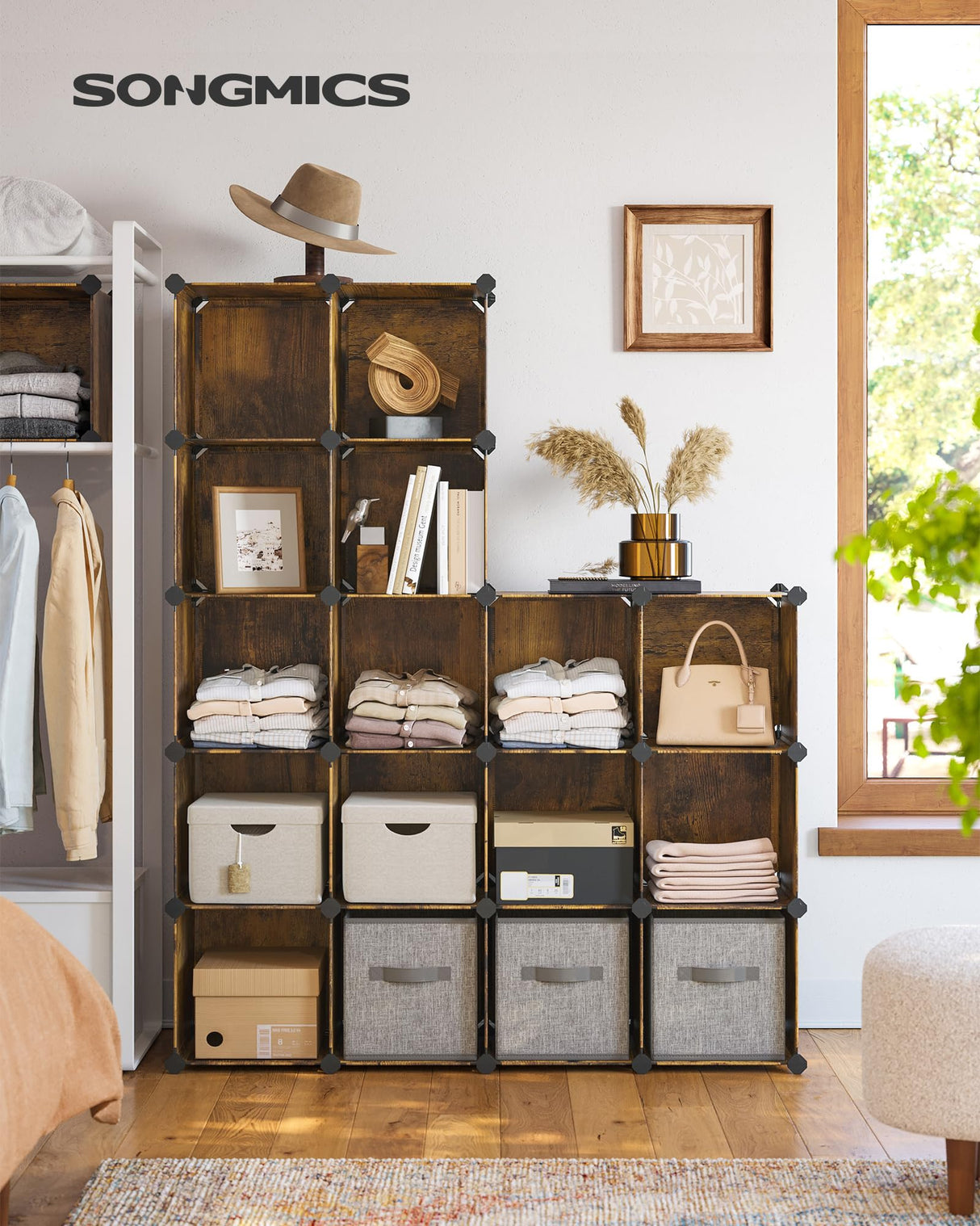SONGMICS Cube Storage Organizer, Set of 16 Plastic Cubes, Closet Organizers and Storage, Room Organization, Bedroom Living Room, 12.2 x 48.4 x 48.4 Inches, Rustic Brown ULPC442A01 SONGMICS