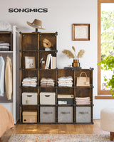 SONGMICS Cube Storage Organizer, Set of 16 Plastic Cubes, Closet Organizers and Storage, Room Organization, Bedroom Living Room, 12.2 x 48.4 x 48.4 Inches, Rustic Brown ULPC442A01 SONGMICS