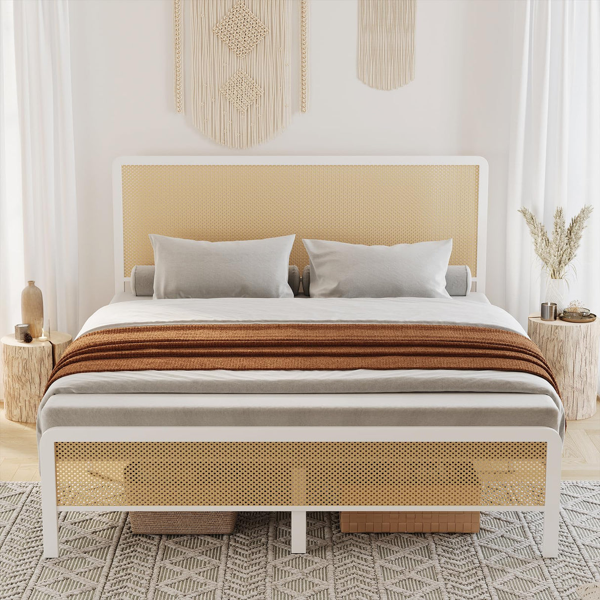 GarveeHome Queen Bed Frame with Rattan Headboard and Footboard, Bohemian Rattan Queen Size Bed Frame with Under Bed Storage, Solid Metal Foundation with Silent Slats,No Box Spring Needed GarveeHome