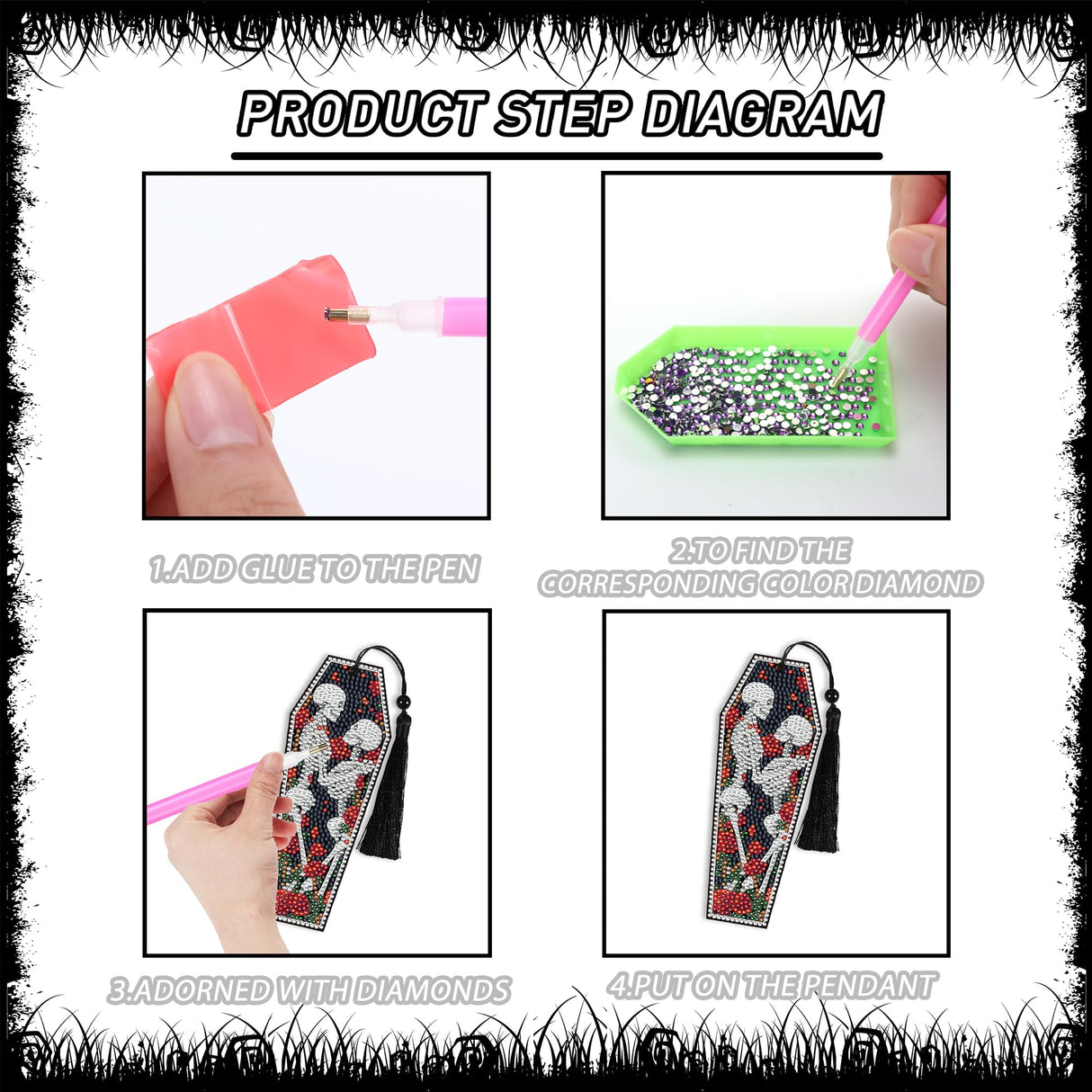 8 Pcs Gothic Skeleton Diamond Art Bookmarks Kit, Skull Halloween Diamond Painting Bookmarks with Tassels for Adults, DIY Horror Book Mark Craft Set for Women Men Reading Lovers CRASHOT