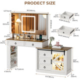 LVSOMT Vanity Desk with Mirror and Lights, Large Farmhouse Makeup Desk with 5 Drawers and Jewelry Storage, 60" Glass Top Dressing Table with Power Outlet & Adjustable Cabinet for Bedroom, White/Brown LVSOMT