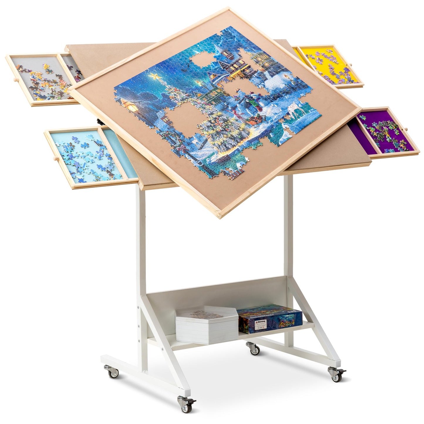 Becko US 2-in-1 Tilting & Rotating Jigsaw Puzzle Table with 4 Colored Drawers & Flip Top Design, Jigsaw Puzzle Board with Tilt Angle & Height Adjustments, Easy to Move, for 1500 Piece Jigsaw Puzzles