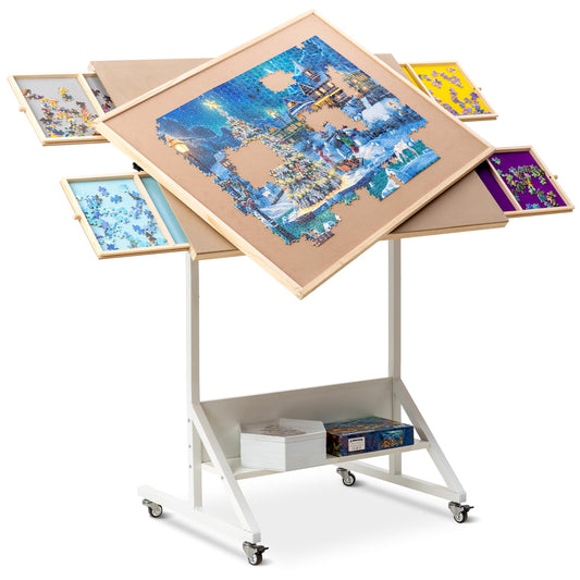 Becko US 2-in-1 Tilting & Rotating Jigsaw Puzzle Table with 4 Colored Drawers & Flip Top Design, Jigsaw Puzzle Board with Tilt Angle & Height Adjustments, Easy to Move, for 1500 Piece Jigsaw Puzzles