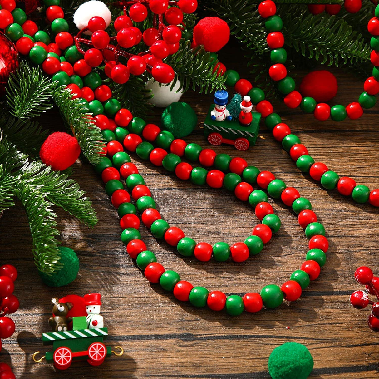 KitWinner Christmas Wood Beads Garland Retro Rustic Strand Country Farmhouse Xmas Tree Decor (14.5 Ft, Red & Green) KitWinner