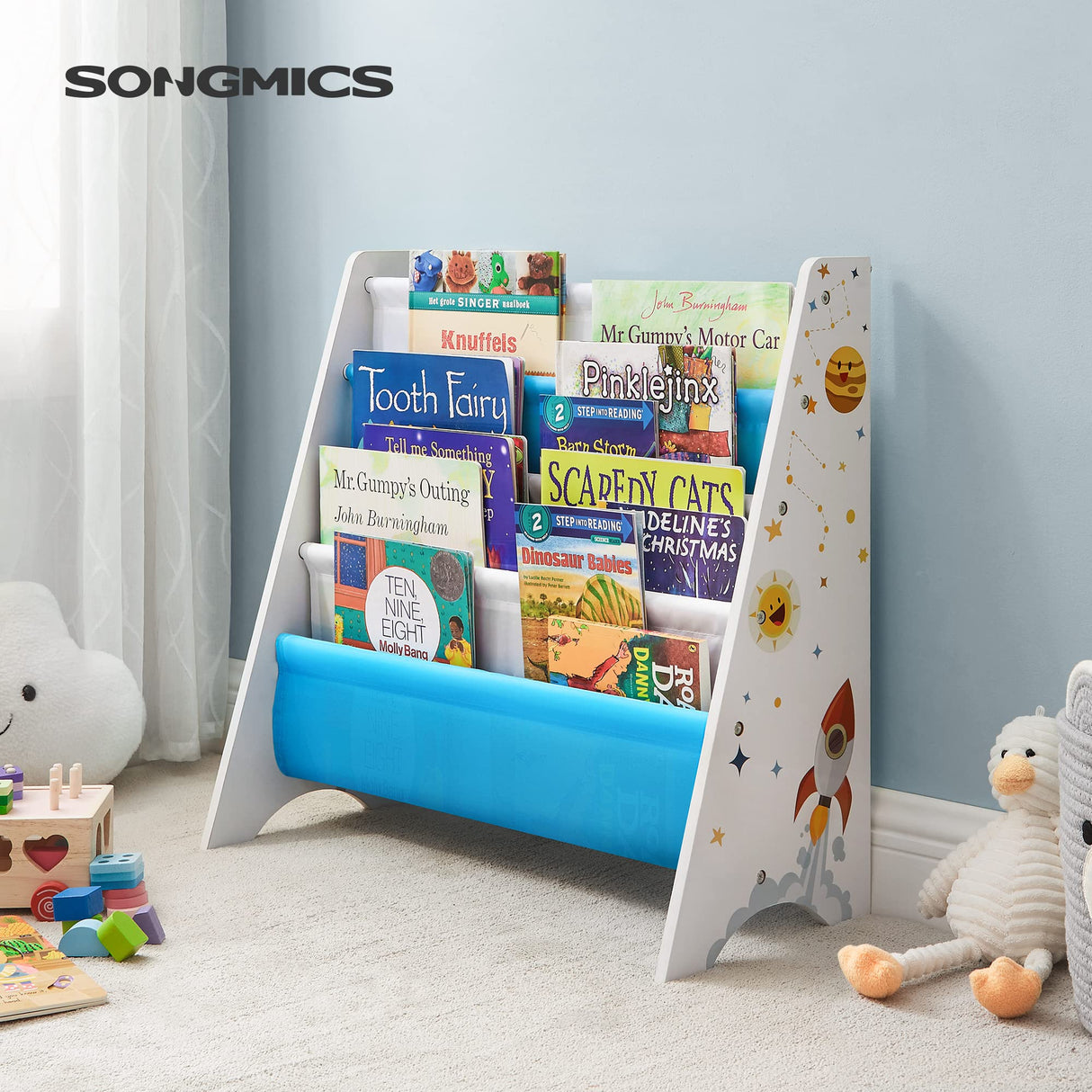 SONGMICS Kids’ Bookcase, Book Organizer, with Anti-Tip Kit, Storage Shelf for Children's Room, Playroom, School, Space-Saving Design, White, Blue and Gray UGKR72WT 11D x 24.6W x 23.6H in SONGMICS